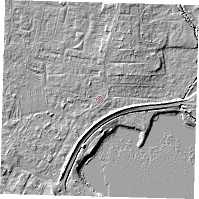 Shaded relief map of the ground around PE275JT, computed from Environment Agency LiDAR. The ground here sits at about 6 m above sea level and falls 5 m across the surrounding 800 m. Surface water reaching this point runs off ground lying to the north-north-east, 3.2 m higher.