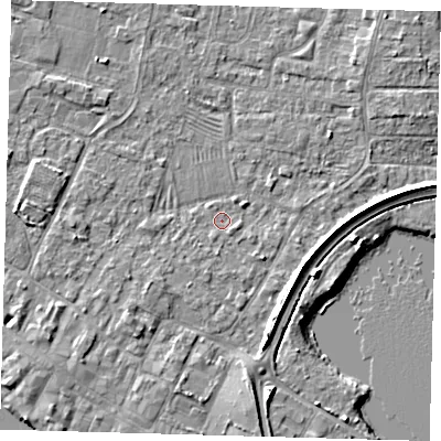 Shaded relief map of the ground around PE275JW, computed from Environment Agency LiDAR. The ground here sits at about 6 m above sea level and falls 5 m across the surrounding 800 m. Surface water reaching this point runs off ground lying to the south-east, 1.5 m higher.