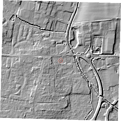 Shaded relief map of the ground around PE275LB, computed from Environment Agency LiDAR. The ground here sits at about 7 m above sea level and falls 6 m across the surrounding 800 m. Surface water reaching this point runs off ground lying to the north-north-west, 5.0 m higher.