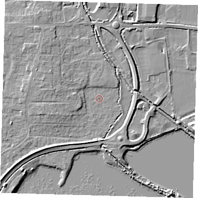 Shaded relief map of the ground around PE275NQ, computed from Environment Agency LiDAR. The ground here sits at about 6 m above sea level and falls 8 m across the surrounding 800 m. Surface water reaching this point runs off ground lying to the west-north-west, 3.2 m higher.