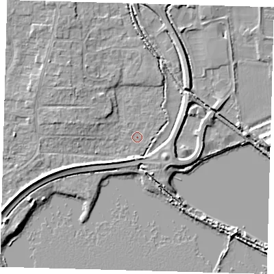 Shaded relief map of the ground around PE275NT, computed from Environment Agency LiDAR. The ground here sits at about 6 m above sea level and falls 9 m across the surrounding 800 m. Surface water reaching this point runs off ground lying to the north-west, 4.4 m higher.