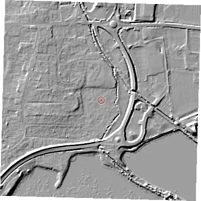 Shaded relief map of the ground around PE275NU, computed from Environment Agency LiDAR. The ground here sits at about 6 m above sea level and falls 9 m across the surrounding 800 m. Surface water reaching this point runs off ground lying to the west-north-west, 3.2 m higher.