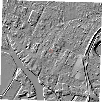 Shaded relief map of the ground around PE275PB, computed from Environment Agency LiDAR. The ground here sits at about 6 m above sea level and falls 5 m across the surrounding 800 m. Surface water reaching this point runs off ground lying to the south-west, 1.9 m higher.