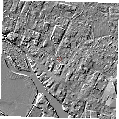 Shaded relief map of the ground around PE275PD, computed from Environment Agency LiDAR. The ground here sits at about 6 m above sea level and falls 3 m across the surrounding 800 m. Surface water reaching this point runs off ground lying to the west-north-west, 2.5 m higher.