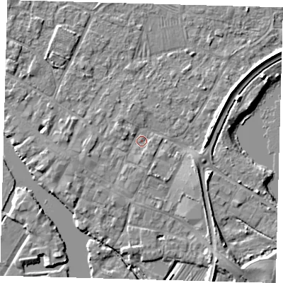 Shaded relief map of the ground around PE275PE, computed from Environment Agency LiDAR. The ground here sits at about 6 m above sea level and falls 5 m across the surrounding 800 m. Surface water reaching this point runs off ground lying to the south-south-east, 3.5 m higher.
