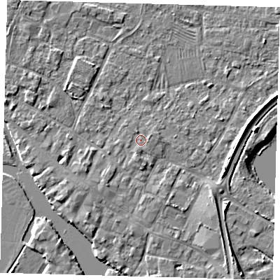 Shaded relief map of the ground around PE275PG, computed from Environment Agency LiDAR. The ground here sits at about 6 m above sea level and falls 5 m across the surrounding 800 m. Surface water reaching this point runs off ground lying to the east-north-east, 0.8 m higher.