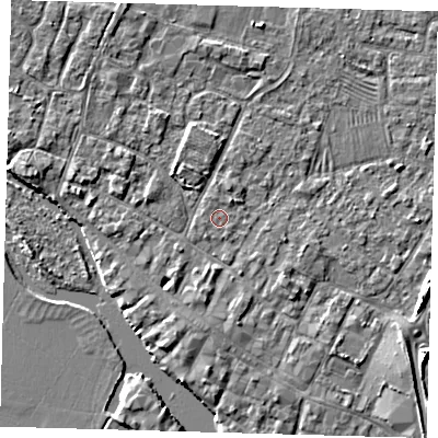 Shaded relief map of the ground around PE275PH, computed from Environment Agency LiDAR. The ground here sits at about 6 m above sea level and falls 4 m across the surrounding 800 m. Surface water reaching this point runs off ground lying to the north-north-east, 1.0 m higher.
