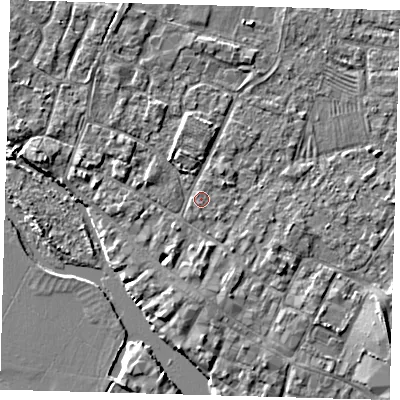 Shaded relief map of the ground around PE275PJ, computed from Environment Agency LiDAR. The ground here sits at about 6 m above sea level and falls 3 m across the surrounding 800 m. Surface water reaching this point runs off ground lying to the west-north-west, 2.7 m higher.