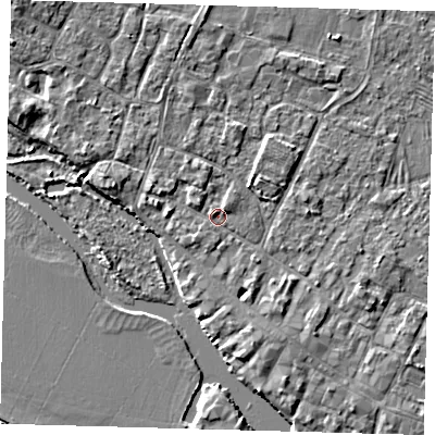 Shaded relief map of the ground around PE275PL, computed from Environment Agency LiDAR. The ground here sits at about 6 m above sea level and falls 4 m across the surrounding 800 m. Surface water reaching this point runs off ground lying to the west-north-west, 1.5 m higher.