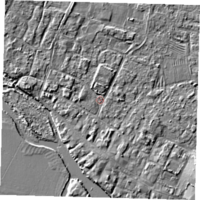 Shaded relief map of the ground around PE275PP, computed from Environment Agency LiDAR. The ground here sits at about 6 m above sea level and falls 3 m across the surrounding 800 m. Surface water reaching this point runs off ground lying to the west-north-west, 2.7 m higher.