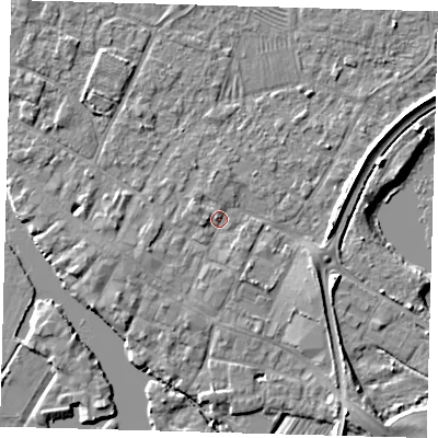 Shaded relief map of the ground around PE275PQ, computed from Environment Agency LiDAR. The ground here sits at about 6 m above sea level and falls 5 m across the surrounding 800 m. Surface water reaching this point runs off ground lying to the south-south-east, 3.5 m higher.