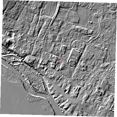 Shaded relief map of the ground around PE275PR, computed from Environment Agency LiDAR. The ground here sits at about 6 m above sea level and falls 5 m across the surrounding 800 m. Surface water reaching this point runs off ground lying to the north-west, 4.0 m higher.