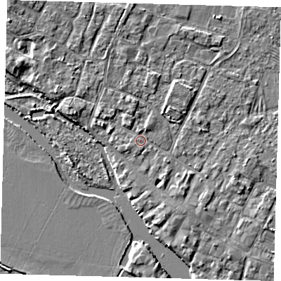 Shaded relief map of the ground around PE275PS, computed from Environment Agency LiDAR. The ground here sits at about 7 m above sea level and falls 3 m across the surrounding 800 m. Surface water reaching this point runs off ground lying to the west-north-west, 1.6 m higher.