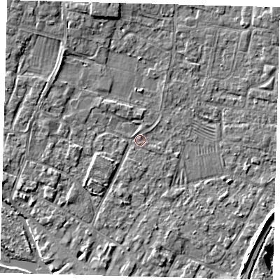 Shaded relief map of the ground around PE275PT, computed from Environment Agency LiDAR. The ground here sits at about 6 m above sea level and falls 5 m across the surrounding 800 m. Surface water reaching this point runs off ground lying to the west-north-west, 1.6 m higher.