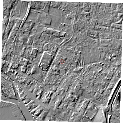 Shaded relief map of the ground around PE275PU, computed from Environment Agency LiDAR. The ground here sits at about 6 m above sea level and falls 4 m across the surrounding 800 m. Surface water reaching this point runs off ground lying to the north-west, 1.6 m higher.
