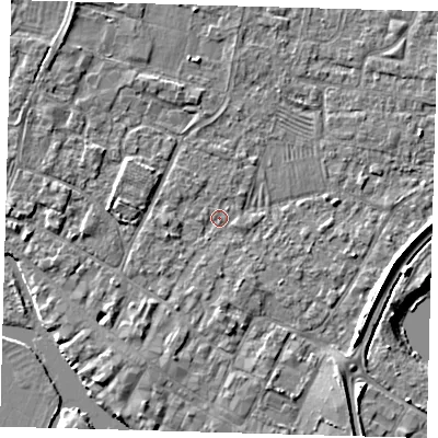 Shaded relief map of the ground around PE275PX, computed from Environment Agency LiDAR. The ground here sits at about 6 m above sea level and falls 5 m across the surrounding 800 m. Surface water reaching this point runs off ground lying to the south-south-west, 2.5 m higher.