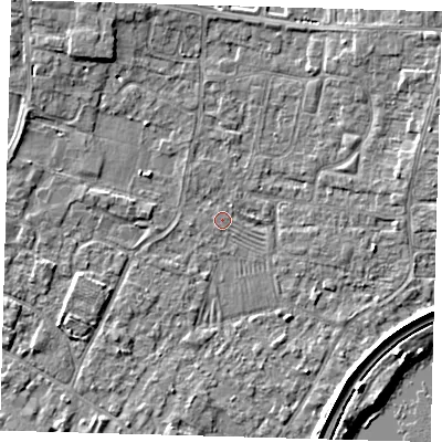 Shaded relief map of the ground around PE275QA, computed from Environment Agency LiDAR. The ground here sits at about 6 m above sea level and falls 5 m across the surrounding 800 m. Surface water reaching this point runs off ground lying to the north-west, 2.6 m higher.