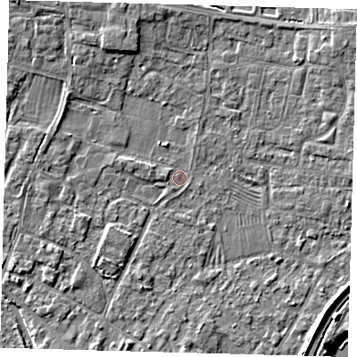Shaded relief map of the ground around PE275QB, computed from Environment Agency LiDAR. The ground here sits at about 6 m above sea level and falls 5 m across the surrounding 800 m. Surface water reaching this point runs off ground lying to the west, 0.8 m higher.