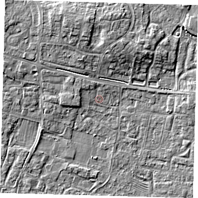 Shaded relief map of the ground around PE275QD, computed from Environment Agency LiDAR. The ground here sits at about 7 m above sea level and falls 6 m across the surrounding 800 m. Surface water reaching this point runs off ground lying to the north-west, 1.6 m higher.