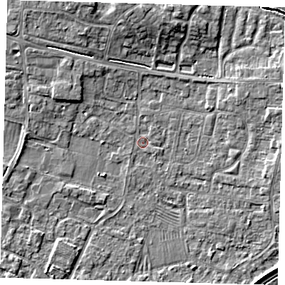 Shaded relief map of the ground around PE275QE, computed from Environment Agency LiDAR. The ground here sits at about 6 m above sea level and falls 6 m across the surrounding 800 m. Surface water reaching this point runs off ground lying to the west-north-west, 0.7 m higher.
