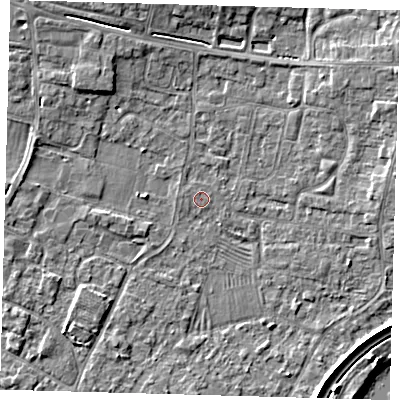 Shaded relief map of the ground around PE275QF, computed from Environment Agency LiDAR. The ground here sits at about 6 m above sea level and falls 6 m across the surrounding 800 m. The ground contributing surface water to this point lies to the north-west.