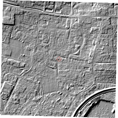 Shaded relief map of the ground around PE275QG, computed from Environment Agency LiDAR. The ground here sits at about 6 m above sea level and falls 6 m across the surrounding 800 m. Surface water reaching this point runs off ground lying to the north-east, 3.7 m higher.