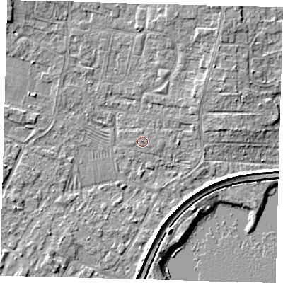 Shaded relief map of the ground around PE275QH, computed from Environment Agency LiDAR. The ground here sits at about 6 m above sea level and falls 5 m across the surrounding 800 m. The ground contributing surface water to this point lies to the east-south-east.