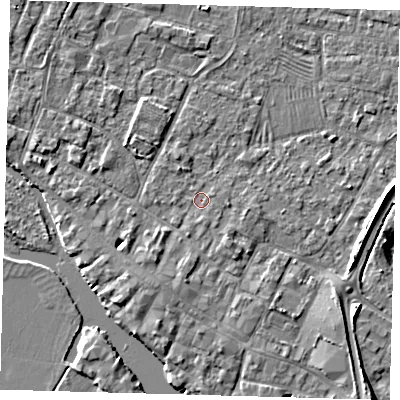 Shaded relief map of the ground around PE275QN, computed from Environment Agency LiDAR. The ground here sits at about 6 m above sea level and falls 5 m across the surrounding 800 m. Surface water reaching this point runs off ground lying to the south-south-west, 2.5 m higher.