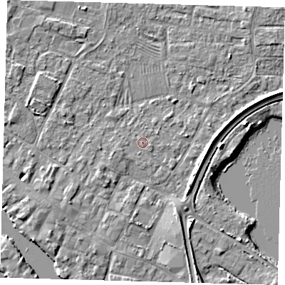 Shaded relief map of the ground around PE275QP, computed from Environment Agency LiDAR. The ground here sits at about 6 m above sea level and falls 5 m across the surrounding 800 m. Surface water reaching this point runs off ground lying to the south-east, 2.9 m higher.