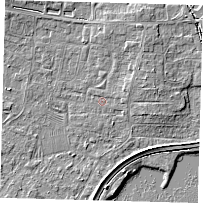 Shaded relief map of the ground around PE275QQ, computed from Environment Agency LiDAR. The ground here sits at about 6 m above sea level and falls 5 m across the surrounding 800 m. Surface water reaching this point runs off ground lying to the east-north-east, 1.7 m higher.