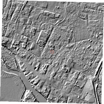 Shaded relief map of the ground around PE275QR, computed from Environment Agency LiDAR. The ground here sits at about 6 m above sea level and falls 4 m across the surrounding 800 m. Surface water reaching this point runs off ground lying to the north-north-west, 1.2 m higher.