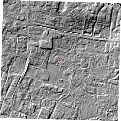 Shaded relief map of the ground around PE275QS, computed from Environment Agency LiDAR. The ground here sits at about 7 m above sea level and falls 6 m across the surrounding 800 m. Surface water reaching this point runs off ground lying to the north-west, 2.7 m higher.