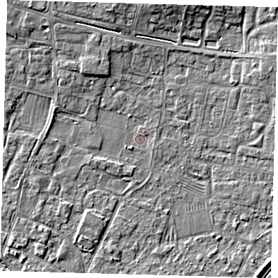 Shaded relief map of the ground around PE275QT, computed from Environment Agency LiDAR. The ground here sits at about 6 m above sea level and falls 5 m across the surrounding 800 m. Surface water reaching this point runs off ground lying to the north-west, 2.1 m higher.