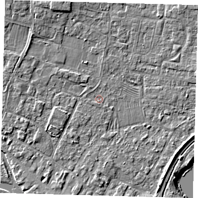 Shaded relief map of the ground around PE275QU, computed from Environment Agency LiDAR. The ground here sits at about 6 m above sea level and falls 5 m across the surrounding 800 m. Surface water reaching this point runs off ground lying to the south, 0.7 m higher.