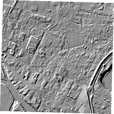 Shaded relief map of the ground around PE275QW, computed from Environment Agency LiDAR. The ground here sits at about 6 m above sea level and falls 5 m across the surrounding 800 m. Surface water reaching this point runs off ground lying to the south-south-west, 2.5 m higher.