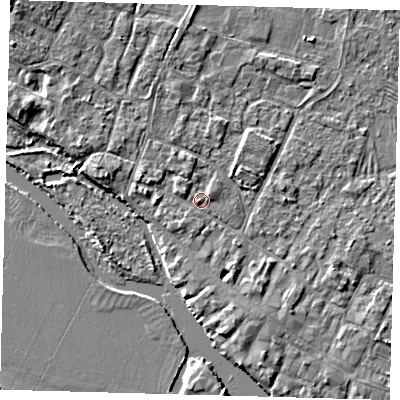 Shaded relief map of the ground around PE275QY, computed from Environment Agency LiDAR. The ground here sits at about 7 m above sea level and falls 4 m across the surrounding 800 m. Surface water reaching this point runs off ground lying to the west-north-west, 1.5 m higher.