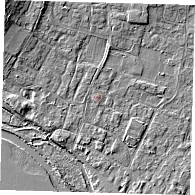 Shaded relief map of the ground around PE275RA, computed from Environment Agency LiDAR. The ground here sits at about 7 m above sea level and falls 9 m across the surrounding 800 m. Surface water reaching this point runs off ground lying to the north, 1.0 m higher.