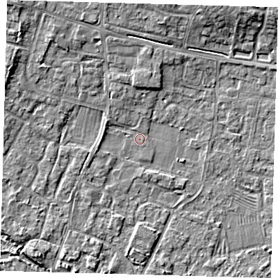 Shaded relief map of the ground around PE275RG, computed from Environment Agency LiDAR. The ground here sits at about 7 m above sea level and falls 6 m across the surrounding 800 m. Surface water reaching this point runs off ground lying to the north-north-west, 1.7 m higher.