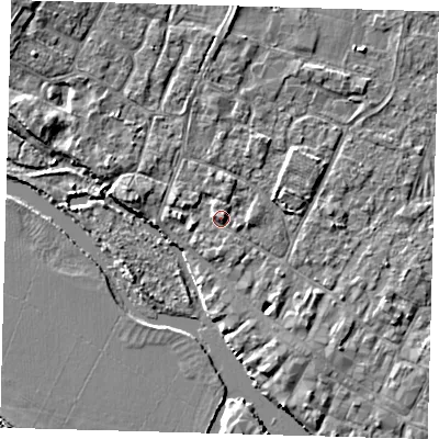 Shaded relief map of the ground around PE275RJ, computed from Environment Agency LiDAR. The ground here sits at about 7 m above sea level and falls 5 m across the surrounding 800 m. Surface water reaching this point runs off ground lying to the west-north-west, 1.5 m higher.