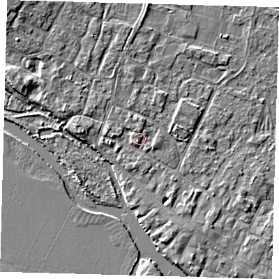 Shaded relief map of the ground around PE275RL, computed from Environment Agency LiDAR. The ground here sits at about 7 m above sea level and falls 5 m across the surrounding 800 m. Surface water reaching this point runs off ground lying to the north-west, 1.1 m higher.