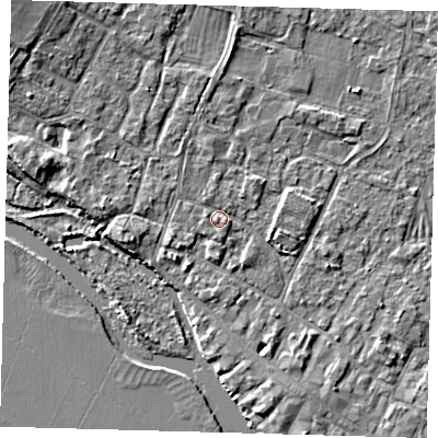 Shaded relief map of the ground around PE275RN, computed from Environment Agency LiDAR. The ground here sits at about 7 m above sea level and falls 5 m across the surrounding 800 m. Surface water reaching this point runs off ground lying to the north-west, 3.6 m higher.