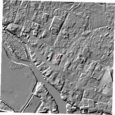 Shaded relief map of the ground around PE275RP, computed from Environment Agency LiDAR. The ground here sits at about 7 m above sea level and falls 4 m across the surrounding 800 m. Surface water reaching this point runs off ground lying to the west-south-west, 1.4 m higher.