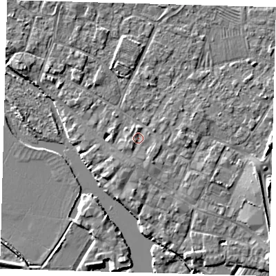 Shaded relief map of the ground around PE275RQ, computed from Environment Agency LiDAR. The ground here sits at about 7 m above sea level and falls 4 m across the surrounding 800 m. Surface water reaching this point runs off ground lying to the south-south-west, 1.5 m higher.