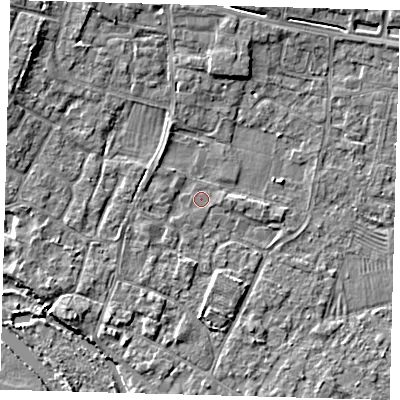 Shaded relief map of the ground around PE275SF, computed from Environment Agency LiDAR. The ground here sits at about 6 m above sea level and falls 6 m across the surrounding 800 m. Surface water reaching this point runs off ground lying to the north-west, 1.2 m higher.