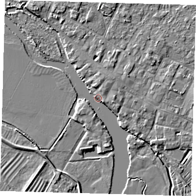 Shaded relief map of the ground around PE275UW, computed from Environment Agency LiDAR. The ground here sits at about 7 m above sea level and falls 4 m across the surrounding 800 m. Surface water reaching this point runs off ground lying to the north, 3.0 m higher.