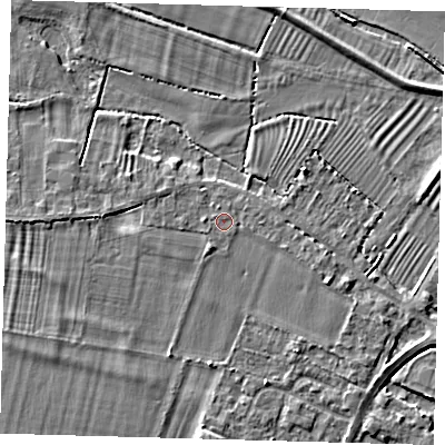 Shaded relief map of the ground around PE275WA, computed from Environment Agency LiDAR. The ground here sits at about 7 m above sea level and falls 3 m across the surrounding 800 m. The ground contributing surface water to this point lies to the north-west.