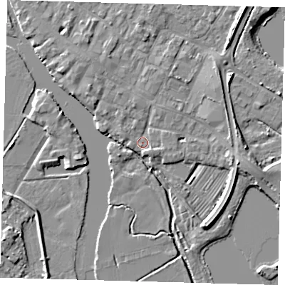Shaded relief map of the ground around PE275WD, computed from Environment Agency LiDAR. The ground here sits at about 7 m above sea level and falls 6 m across the surrounding 800 m. Surface water reaching this point runs off ground lying to the south-south-east, 1.6 m higher.