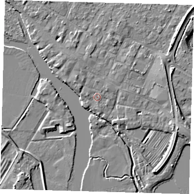 Shaded relief map of the ground around PE275WH, computed from Environment Agency LiDAR. The ground here sits at about 7 m above sea level and falls 6 m across the surrounding 800 m. Surface water reaching this point runs off ground lying to the west-north-west, 0.9 m higher.
