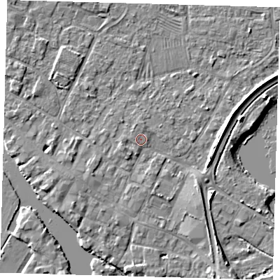 Shaded relief map of the ground around PE275WQ, computed from Environment Agency LiDAR. The ground here sits at about 6 m above sea level and falls 5 m across the surrounding 800 m. Surface water reaching this point runs off ground lying to the east-south-east, 2.9 m higher.