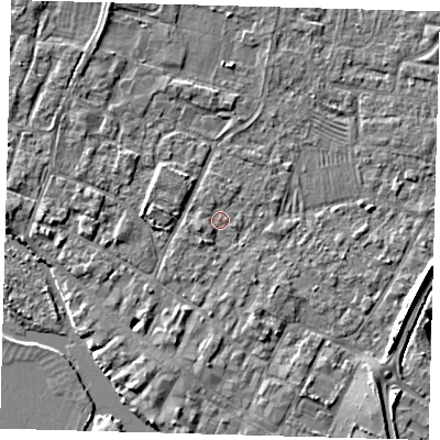 Shaded relief map of the ground around PE275XG, computed from Environment Agency LiDAR. The ground here sits at about 6 m above sea level and falls 4 m across the surrounding 800 m. Surface water reaching this point runs off ground lying to the south-south-west, 2.5 m higher.